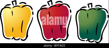 Illiustration de poivrons de trois couleurs différentes capsicum Banque D'Images