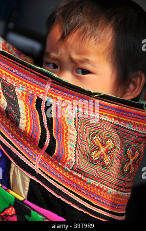 Jeune garçon Hmong en cours sur sa mère de retour près de Sapa Vietnam Banque D'Images