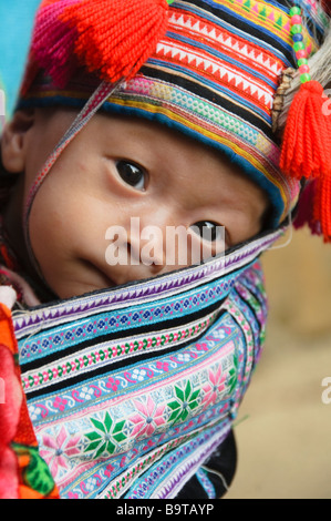 Jeune bébé Hmong en cours sur sa mère de retour près de Sapa Vietnam Banque D'Images