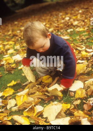 Enfant jouant avec les feuilles d'automne Banque D'Images