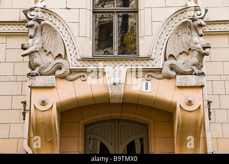 Détails de l'bâtiments art nouveau à Riga, en Lettonie, en Europe Banque D'Images