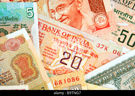 Monnaie argent détail de billets indiens Banque D'Images