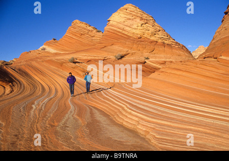 Les randonneurs sur les modèles de literie en grès Navajo Paria Canyon Wilderness Area Vermilion Cliffs National Monument Arizona Banque D'Images