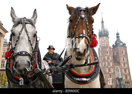 Horsecarts attendent les touristes à la promenade dans la place du marché de Cracovie, Pologne, Europe Banque D'Images