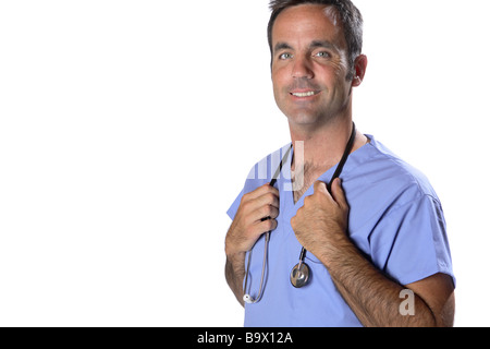 Male doctor in scrubs isolated on white Banque D'Images