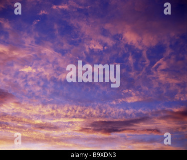 CLOUDSCAPE DE BANDES HORIZONTALES DE ROUGE JAUNE NUAGES SUR CIEL LUEUR ROSE Banque D'Images