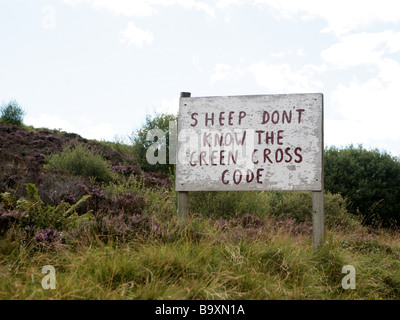 Drôle de signe de moutons moutons sur la route. Banque D'Images