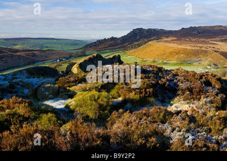 Vue sur les blattes de Ramshaw Rocks près de Leek Staffordshire dans le Peak District en hiver avec le gel sur les rochers Banque D'Images