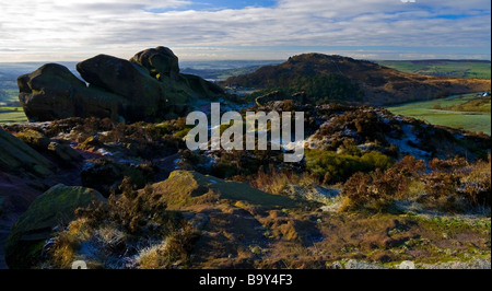 Vue sur les blattes de Ramshaw Rocks près de Leek Staffordshire dans le Peak District en hiver avec le gel sur les rochers Banque D'Images