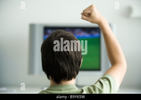 Homme regardant la télévision, un poing soulevé dans l'air, vue arrière Banque D'Images