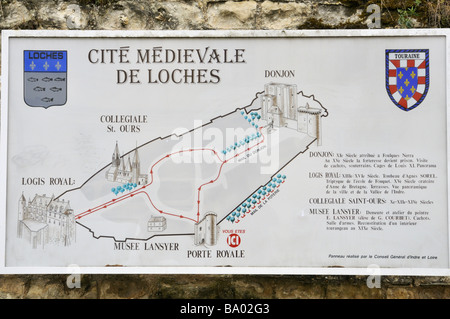 Informations touristiques sur la carte de la citadelle médiévale, Loches, Indre-et-Loire, France. Banque D'Images