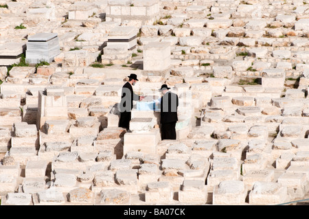 Les juifs orthodoxes en faisant levier à l'une des tombes dans le cimetière du Mont des Oliviers à Jérusalem, Israël Banque D'Images