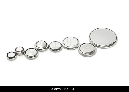 Forme bouton au lithium de différentes tailles sur fond blanc Banque D'Images