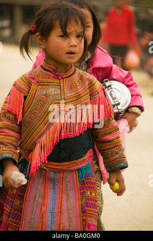 Portrait de jeune fille Flower Hmong en cau fils près de Bac Ha Vietnam Banque D'Images