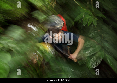 Spéléologue couper un sentier dans la jungle de Bornéo Banque D'Images