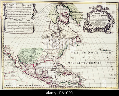 La cartographie, cartes, Amérique du Nord, la carte de Guillaume de l'Isle (1675 - 1726), gravure sur cuivre, colorés, par Jeremias Wolff, Augsburg, Allemagne, vers 1710, l'artiste n'a pas d'auteur pour être effacé Banque D'Images