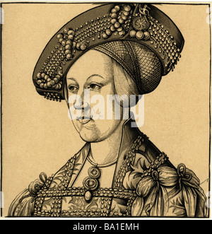 Marie, 17.9.1505 - 18.10.1558, Reine Consort de Hongrie 13.5.1516 - 29.8.1526, portrait, gravure sur bois, vers 1520, les Habsbourg, Archduch Banque D'Images