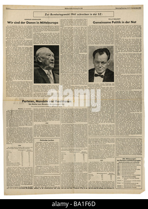 Presse/médias, magazines, 'Süddeutsche Zeitung', Munich, 17 volume, numéro 222, samedi / dimanche 16. / 17.9.1961, article, essais d'Adenauer et Brandt sur le sujet des élections au Bundestag, Banque D'Images