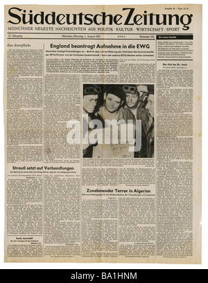 Presse/médias, magazines, 'Süddeutsche Zeitung', Munich, 17 volume, numéro 182, mardi 1.8.1961, titre, Angleterre demande d'adhésion à la CEE, , Banque D'Images