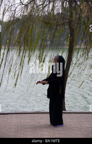 Vieille Femme faisant le Tai Chi au Lac Hoan Kiem à Hanoi Vietnam Banque D'Images