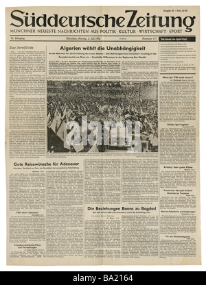 Presse/médias, magazines, 'Süddeutsche Zeitung', Munich, 18 volume, numéro 157, lundi 2.7.1962, titre, vote d'indépendance en Algérie et visite du président américain Kennedy au Mexique, Banque D'Images