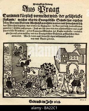 Événements, Guerre de trente Ans 1618 - 1648, deuxième défenestration de Prague, 23.5.1618, coupe du bois, 'Wahrhafte Zeitung', 1618, , Banque D'Images