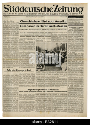 Presse/médias, magazines, 'Süddeutsche Zeitung', Munich, 15 volume, numéro 185, mardi 4.8.1959, titre, Khrouchtchev visitant les Etats-Unis et Eisenhower visite de planification en Union soviétique, Banque D'Images