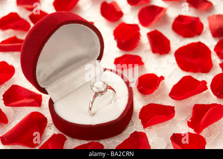 Bague en diamant en forme du Cœur fort entouré par des pétales de rose Banque D'Images