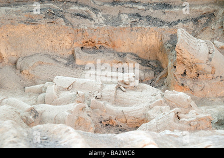 L'Armée de terre cuite, Xi'an, Chine. Les guerriers sont déterrés en morceaux et doivent être reconstruites à partir de plusieurs fragments. Banque D'Images