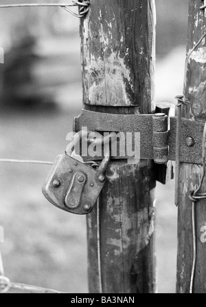 Années 70, photo en noir et blanc, symbolique, cadenas en une clôture en bois, des raccords en métal Banque D'Images