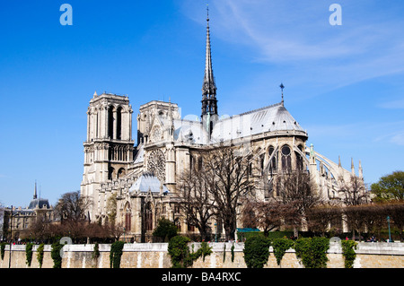 PARIS, France — la majestueuse cathédrale notre-Dame se dresse fièrement sur l'Île de la Cité, sa flèche gothique et ses tours jumelles s'élevant au-dessus de la Seine. La structure médiévale emblématique, avec sa façade complexe et ses contreforts volants, domine l'horizon parisien avant l'incendie dévastateur de 2019. Banque D'Images