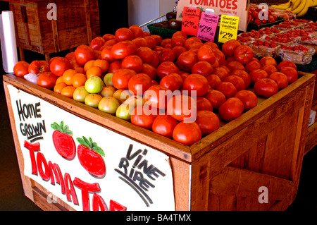 Des tomates pour la vente et en exposition dans une petite épicerie, vente de produits biologiques cultivés localement Banque D'Images