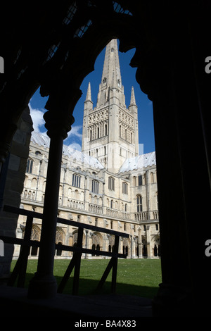 Norwich cathédrale anglicane à travers les ombres de cloîtres Banque D'Images