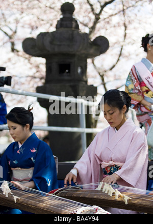 La femme japonaise Koto lecture Banque D'Images