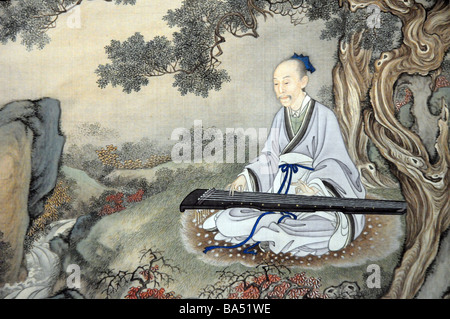 Peinture chinoise ancienne de l'homme sage jouant un Guqin - un 7-cordes cithare, l'instrument de musique chinois plus classique. Banque D'Images