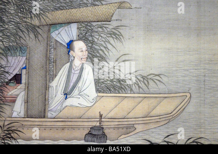 Peinture chinoise ancienne de l'homme sage dans un bateau. Banque D'Images