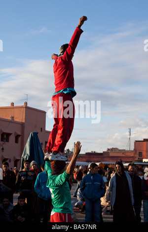 Acrobates locaux effectuant des acrobaties gymniques aventureux audacieuse pour divertir les foules, la place Jemaa el Fna, Marrakech Banque D'Images