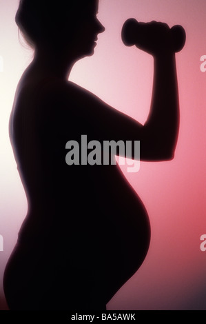 La silhouette femme exerçant avec des poids pendant la grossesse studio rétroéclairé Lynnwood Washington State USA MR Banque D'Images