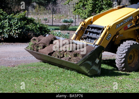 Un tracteur jaune avec une benne de chargement de gazon fraîchement coupé. Banque D'Images