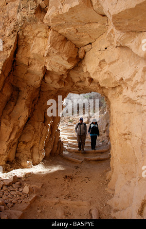 Les randonneurs passent par un tunnel de roche sur le Bright Angel Trail Parc national de Grand Canyon South Rim arizona usa Banque D'Images