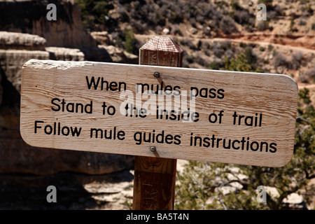 Signe de l'information à propos de mulets passant sur le Bright Angel Trail Parc national de Grand Canyon South Rim arizona usa Banque D'Images