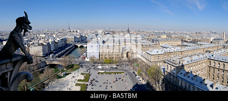 Vue panoramique des toits de Paris du haut de la cathédrale Notre Dame de Paris, avec l'une des gargouilles de la cathédrale du caractère distinctif Banque D'Images