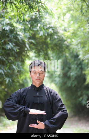 Man practicing Tai Chi en bamboo grove Banque D'Images