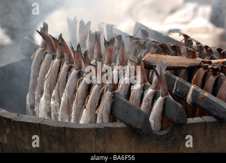 Arbroath Smokies en vente sur un marché de fermiers en Ecosse Banque D'Images