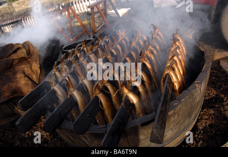 Arbroath Smokies en vente sur un marché de fermiers en Ecosse Banque D'Images