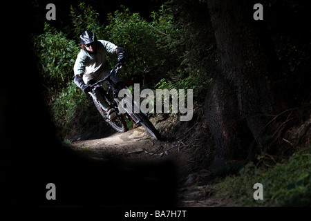 Jeune homme monté sur un VTT en forêt, Oberammergau, Bavière, Allemagne Banque D'Images