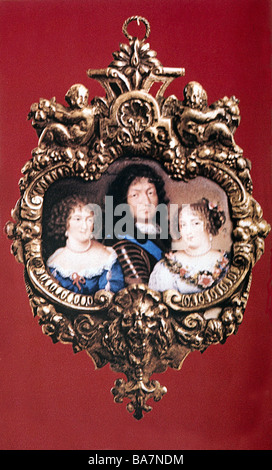 Louis XIV, 5.9.1638 - 1.9.1715, roi de France 1643 - 1715, portrait, avec ses maîtresses Louise de la Vallière et Françoise Marquise de Montespan, miniature, Banque D'Images