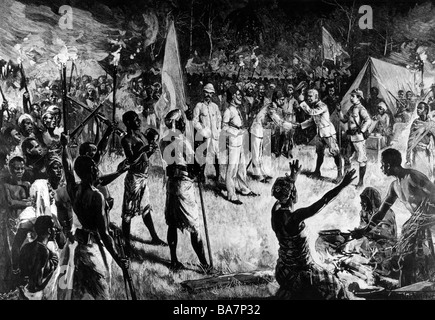 Stanley, Henry Morton (né John Rowlands), 28.1.1841 - 10.5.1904, explorateur britannique de l'Afrique, expédition de secours Emin Pasha (Eduard Schnitzer), la rencontre entre Stanley et Schnitzer, 29.4.1888, Banque D'Images