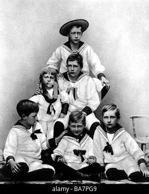 William II, 27.1.1859 - 4.6.1941, empereur allemand 15.6.1888 - 9.11.1918, ses fils prince héritier William, Joachim, Eitel Friedrich, Adalbert, Oscar et Août Wilhelm, carte postale, vers 1895, Banque D'Images