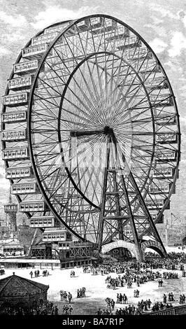 Expositions, exposition universelle, Chicago, exposition colombienne mondiale, 1.5.1893 - 31.10.1893, Ferris Wheel, gravure en bois, 1893, George Ferris jr., Illinois, États-Unis, technique, Amérique du Nord, XIXe siècle, historique, historique, peuple, Banque D'Images